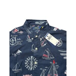NWT Polo Ralph Lauren Slim Fit Nautical Oxford Button Down AOP Untucked Navy L